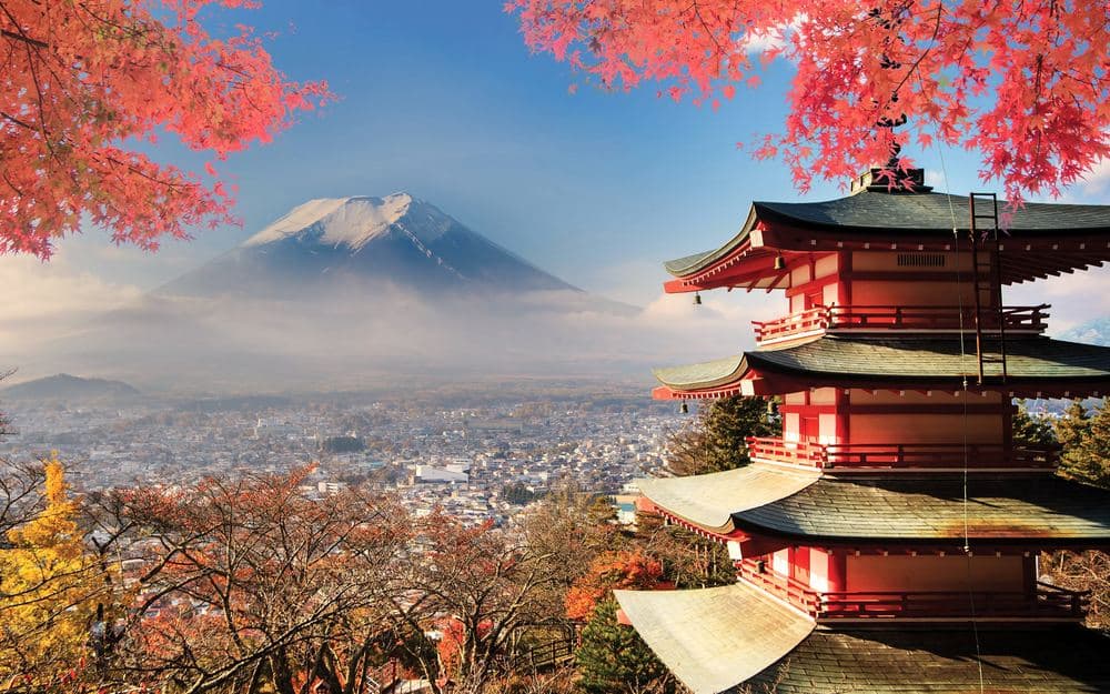 A pagoda and Mount Fuji under cherry blossom